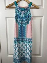 Cabana Life Halter Keyhole Dress Teal/Peach/White Pockets Geo Resortwear... - $51.43