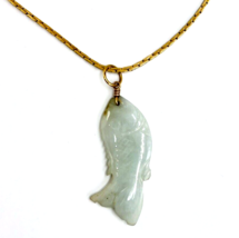 Vintage Gold Tone Box Chain Green Jade Carp Fish Pendant Necklace - £37.84 GBP