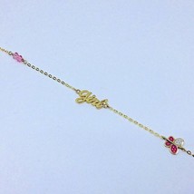 Girl&#39;s Bracelet 14k Yellow Gold Cable Chain Butterfly Enamel Pink Topaz - $155.70