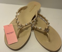 Juicy Couture Flip Flops Womens Size 10 Taupe Rubber Pearl Crown Medallion - £17.19 GBP