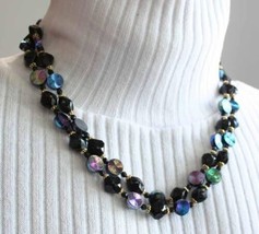 Fabulous Mod Faceted Iridescent Black 2-Strand Statement Necklace 1960s ... - $17.95