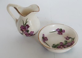 Cute vintage ceramic miniature pitcher and basin set purple pansy design - $14.99