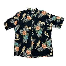 Hawaiian Pin Up Girl w/ Floral Pierre Cardin Short Sleeve Rayon XL Shirt Button - £14.72 GBP