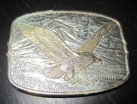 Vintage GOLD Tone EAGLE Nature Mountains Theme Belt Buckle #174624 - £27.96 GBP