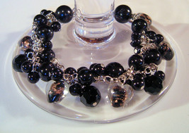 Bracelet Sea Shell Pearls Crystals Azure Glass Beads Black - £8.02 GBP