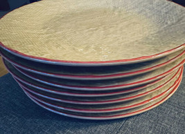 Waffle Weave Dinner Plates 11&quot; Tan w Red Trim 7 Piece Stoneware - £31.16 GBP