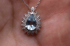 14K White Gold Aquamarine Diamond Filigree Halo Teardrop Pendant on 18&quot; Chain - £330.97 GBP