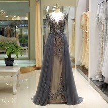 Beautiful Plunging V Neck Long Sleeve Evening Dress Sparkly Rhinestone Beading C - £347.50 GBP