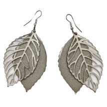 Leaf Dangle Earrings Filigree Open Work Large Sparkly Drop Silver Tone Bohemian  - £13.64 GBP