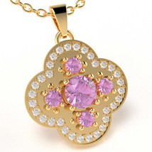 Shamrock Clover Lab-Created Pink Sapphire Diamond Pendant In 14k Yellow Gold - £638.56 GBP