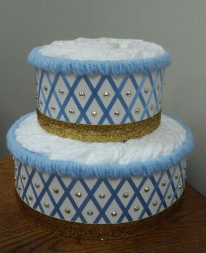 Blue and Gold Royal Prince Themed Baby Boy Shower 2 Tier Bling Diaper Cake Gift