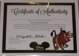 Timon &amp; Pumbaa Disney Movie Club Pin With Certificate Of Authenticity NEW - $10.70
