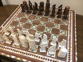 Handmade Chess pieces Camel Bones &amp; Chess Board Inlaid mother of Pearl - £332.81 GBP