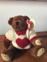 TY Chesnut Brown Plush Jointed Teddy Bear CASANOVA with Red &amp; Cream Knit Sweater - £22.22 GBP
