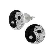 925 Silver Stud Earrings Yin and Yang with Crystals - £12.43 GBP