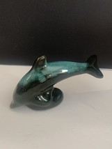 Blue Mountain Pottery Small Dolphin Figurine Turquoise Aqua Blue Black 2.5&quot; Tall - $14.03