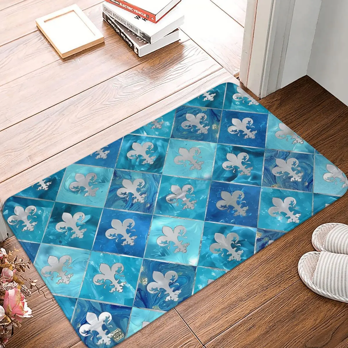 Fleur De Lys Non-Slip Carpet Pattern Blue Marble And Silver Doormat Bath Mat Dec - £12.70 GBP