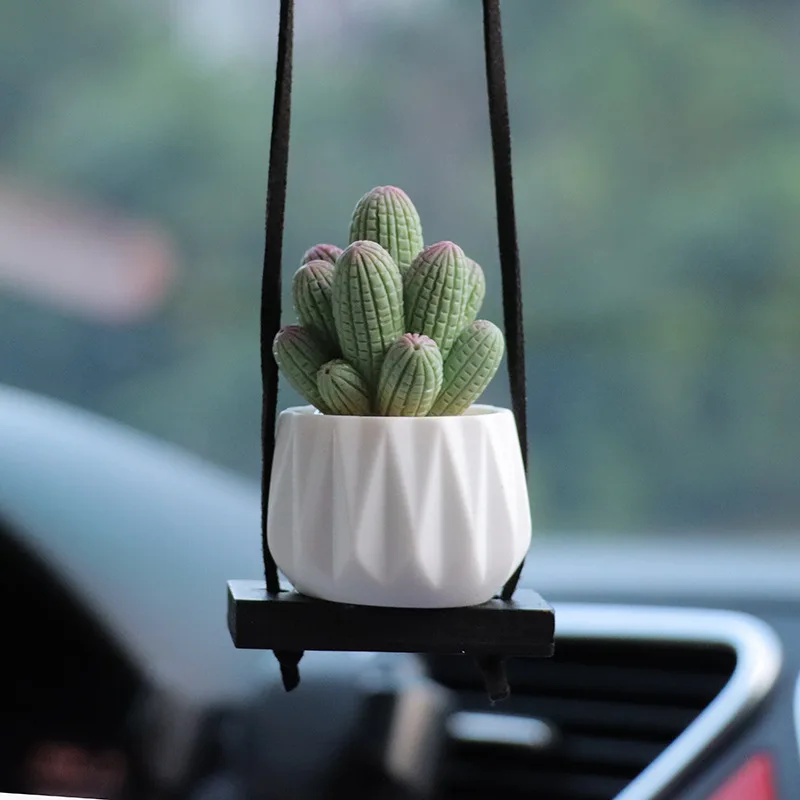 Mini Macrame Plant Hanger Car Rear View Mirror Car Cactus Charm Decorations Boho - £13.50 GBP