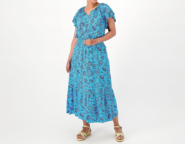 Destination 365 Print Short-Sleeve Midi Dress Smocking TurquoiseFloral,Petite 1X - £23.73 GBP