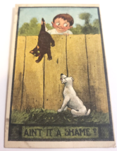 AIN&#39;T IT A SHAME Naughty Boy With Black Cat &amp; Dog 1912 ANTIQUE Novelty P... - £10.92 GBP