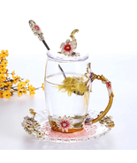 Glass Flower Tea Cup,Coffee Mugs with Lid, Coaster, Spoon for Party 18Oz... - €48,62 EUR