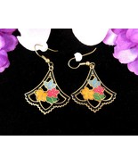 Cloisonne FLORAL BUTTERFLY Vintage PIERCED EARRINGS Enamel Wires Goldton... - $24.19 CAD