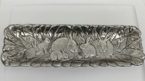 Primary image for Arthur Court Serving Tray 18"x5-5/8", Bunny Rabbits Aluminum Alloy, Vintage 1990