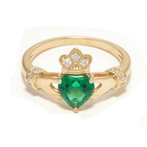 1.35Ct Heart Cut Simulated Emerald Claddagh Promise Ring 14k Yellow Gold Plated - £326.89 GBP