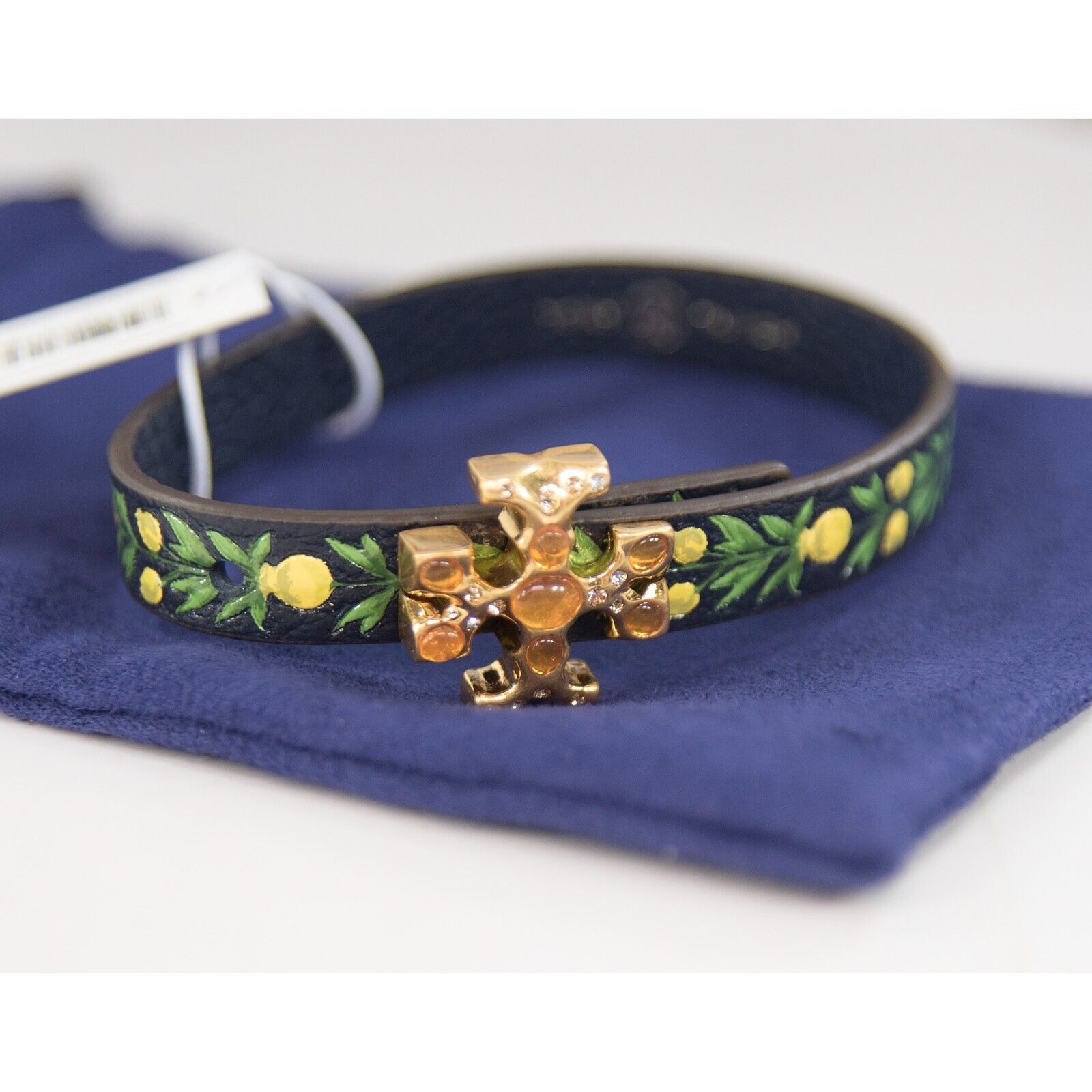 Tory Burch Roxanne Jeweled Floral Painted Leather Wrap Bracelet NWT - $138.11