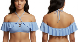 Raisins Juniors Women Barbados Off-The-Shoulder Ruffled Lace-Up Bikini T... - $14.84