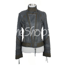 New Woman Haute Hippie Gray Full Metal Gold Brass Studded Designed Biker Jacket - £263.77 GBP