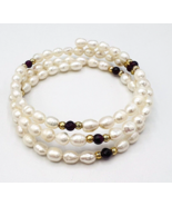 Cultured Freshwater Pearl Garnet Memory Wire Wrap Bracelet  - £17.12 GBP