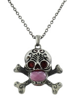 Zeckos Solid Pewter Day of the Dead Skull Pendant with Faceted Pink Stone - £11.39 GBP