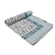 Indian Vintage Hand Block Kantha Quilt Fish Print King Size Multi Cotton Kantha  - £55.33 GBP