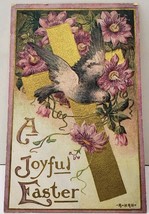 Joyful Easter Gold Cross Purple Flowers Flying Bird c1910 Postcard E19 - £3.15 GBP