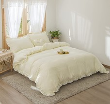 Beige Color Washed Cotton Ruffle Duvet Cover Queen Ruffle Bedding Set 3P... - £57.17 GBP+