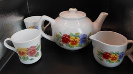 4 pc JAY IMPORT CORELLE CERAMIC TEAPOT SUMMER BLUSH PANSIES creamer mugs - £38.24 GBP