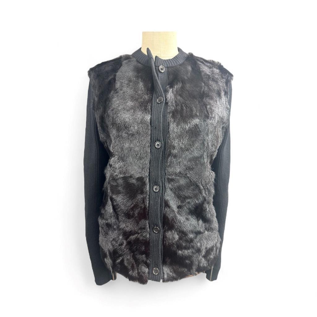 Barneys New York Black Knit Wool and Goat Skin Fur Panel Sweater Jacket ... - $34.64