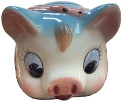 Vintage Hand painted Ceramic Chubby Piggy Bank Blue Pink Polka Dot Bow Scratch - £10.97 GBP