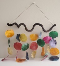 Large Multi Color Rainbow Placuna  Shell Wind Chime Driftwood Design On Top - £23.73 GBP