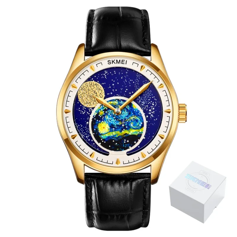Watch For Mens Fashion Starry Sky Moon Phase Quartz Casual Genuine Leath... - £29.97 GBP