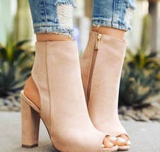 Ankle Boots Faux Suede Leather Casual Open Peep Toe High Heels Zipper Fashion Sq - £41.94 GBP
