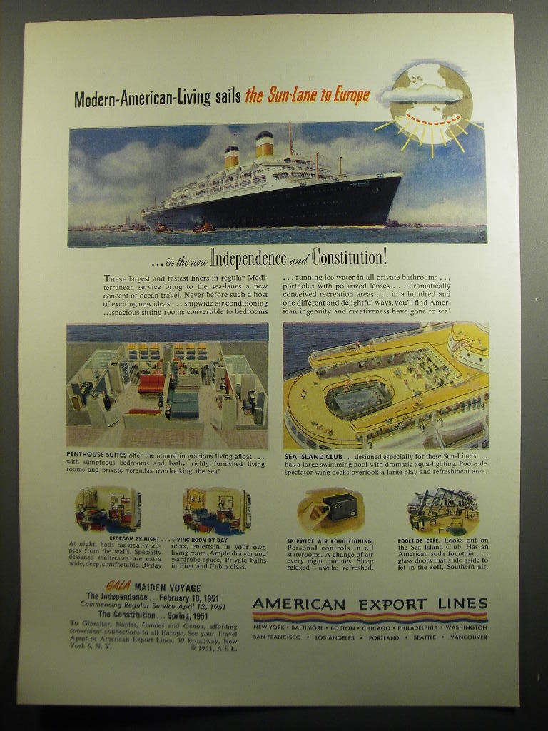 1951 American Export Lines Ad - Modern-American-Living sails the Sun-Lane - $18.49