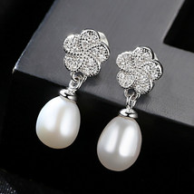 Small Flower Earrings S925 Silver Micro Inlaid 3A Zircon 8-9Mm Freshwater Pearl  - £23.18 GBP