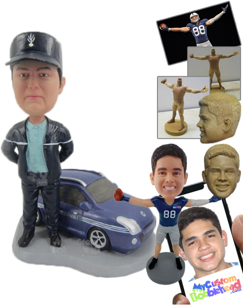 Personalized Bobblehead Handsome Fella Wearing Jacket Standing With His Car - Mo - £139.51 GBP