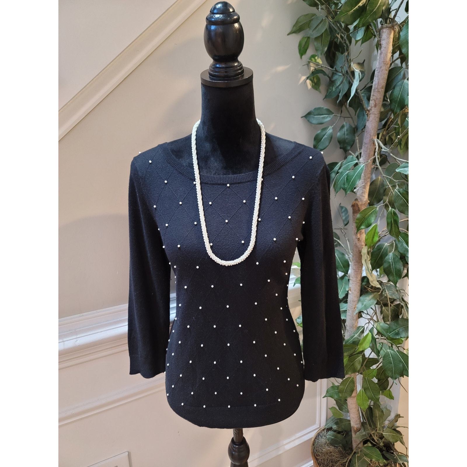 ELLE Sweater Women's Medium Black Pearl Embellished 34 Sleeve Pullover Knit Item image 2
