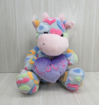 Blue cow plush purple love heart textured raised colorful hearts sitting - $15.34