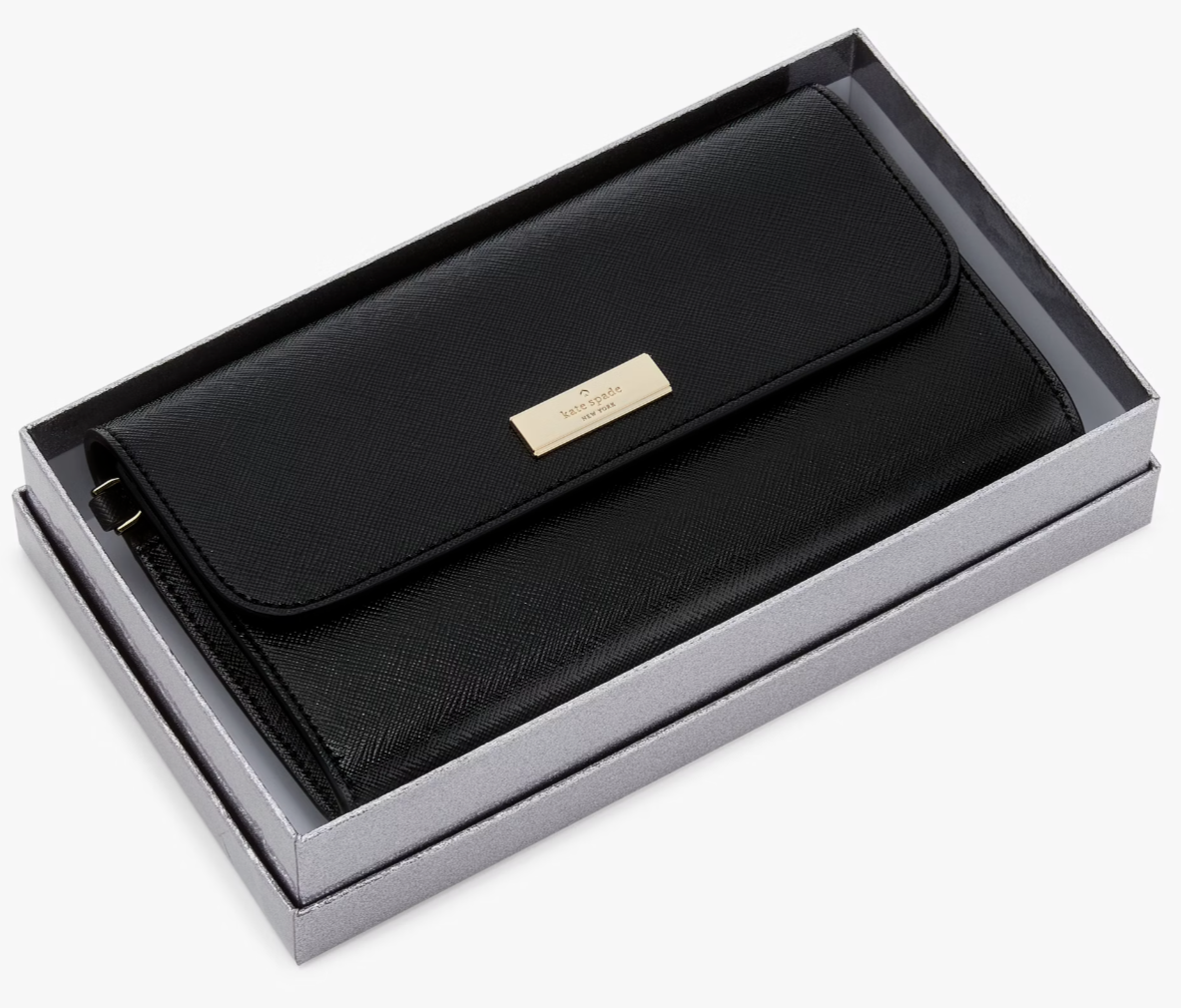 Kate Spade Kenzie Medium Flap Wristlet Black Saffiano Wallet KK044 NWT $199 F