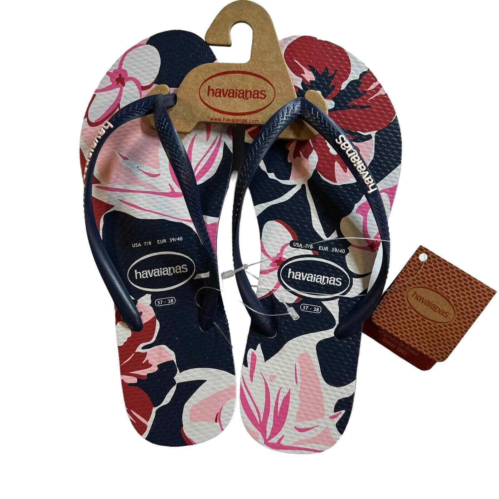 Havaianas Women's Blue Slim Pink Floral Flip Flops Size 11/12 New