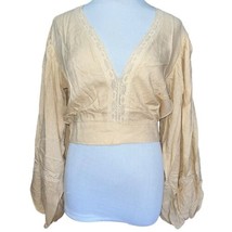 BOG Band of the Free Brie Light Camel Long Sleeve Top Lace Insets V Neck Medium - £26.53 GBP